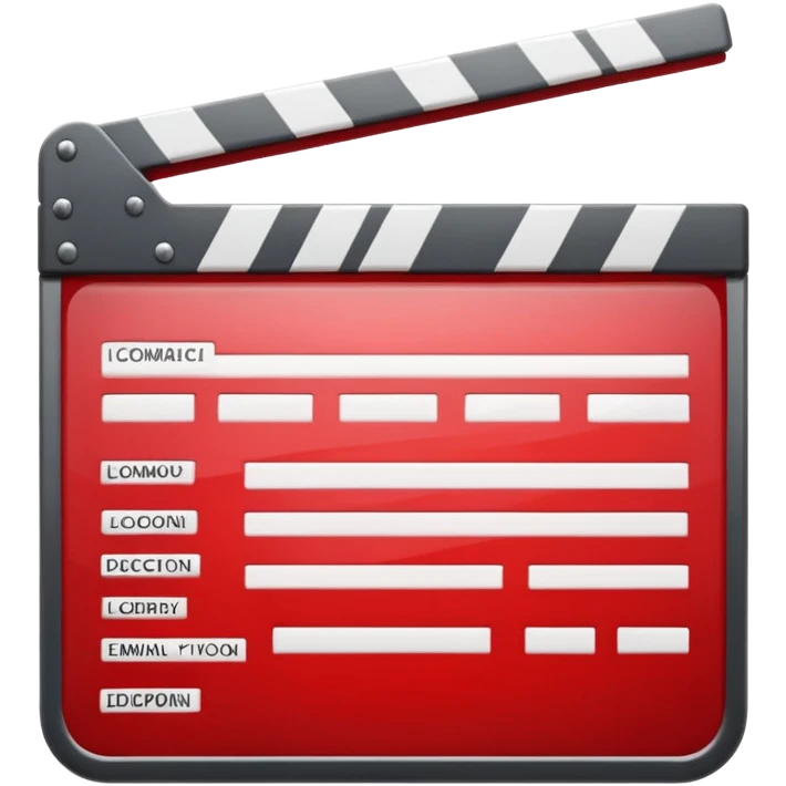 Glossy bright red clapperboard in the classic style of Apple icons: the top bar is tilted up-left, the body and bar with a deep glossy glare, dark gray edging, black background inside, perfectly square with rounded corners. 🔴🎬✨ emoji