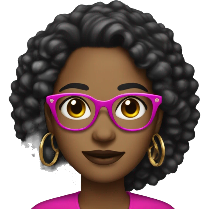 black women with earrings with fuchsia glasses with long black curly hair happy emoji