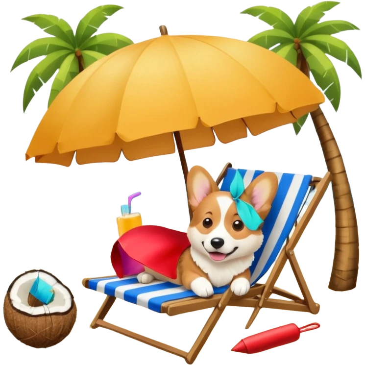 a corgi dog laied on a beach chair, a sunny beach, a sun umbrella, and beach coconut trees. the icon should capture the essence of a relaxing beach vacation with a carefree atmosphere emoji