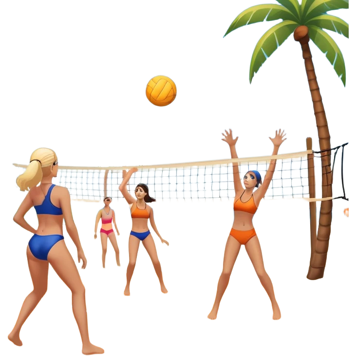 A volleyball resting on the orange sand of a beach, with a volleyball net in the background. The scene includes a beautiful beach landscape with blue sea, sky, and palm trees, while a couple of women in swimsuits play in the distance, capturing the relaxed yet competitive vibe of beach volleyball. emoji