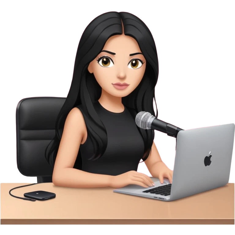 tanned long black hair woman, sat at desk with pink MacBook and  podcast microphone black top and pink, sexy emoji