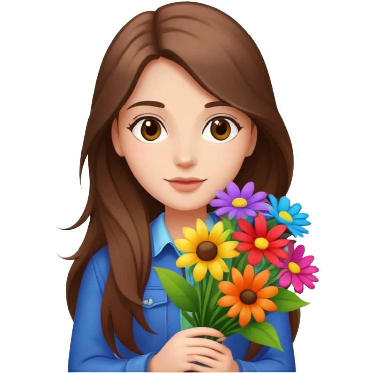 Cool girl with long brown hair holding a bouquet of flowers emoji