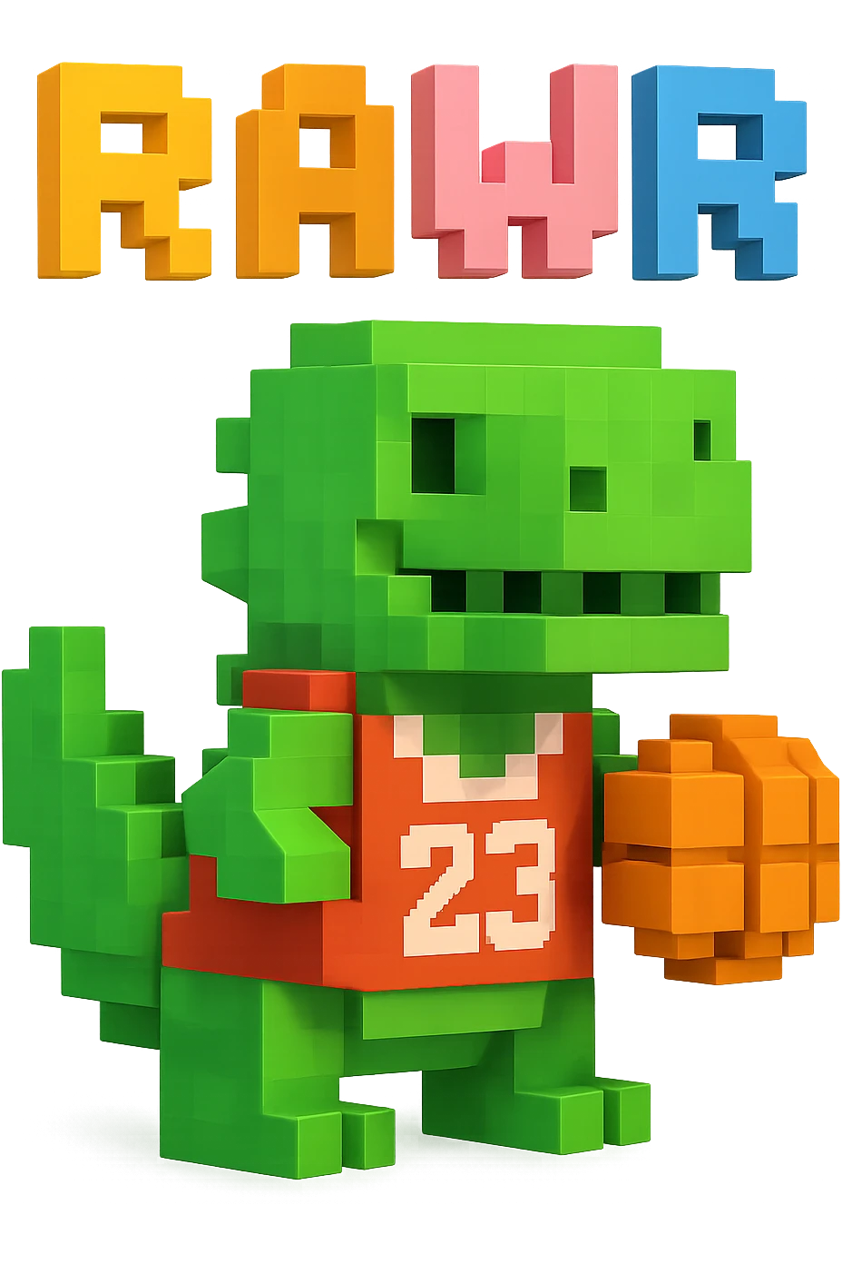 надпись "RAWR" и динозавр с баскетбольном мячом в майке с надписью "23", no background emoji