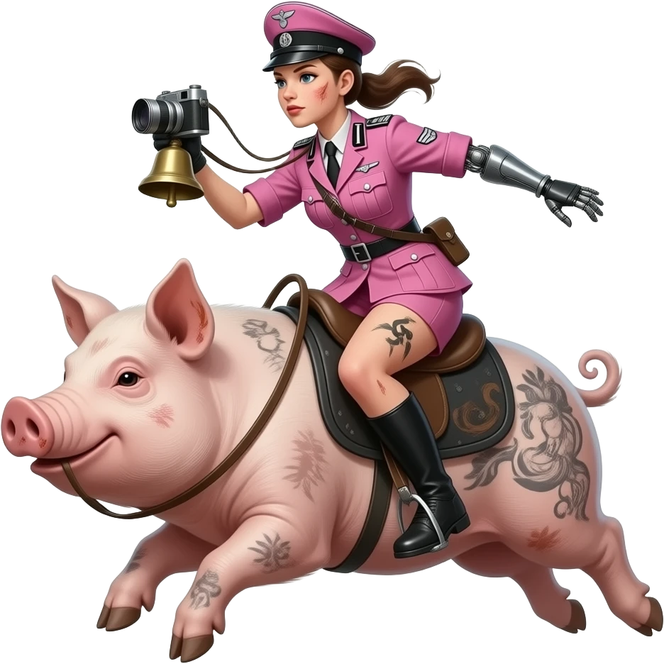 cinematic realistic - skinny and dirty female rider in pink WW2 German army uniform riding in jumps on a large tattooed pig with antique bellows camera and prosthetic hands emoji