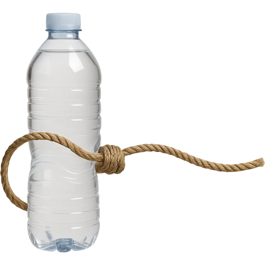 Depict a long rope with a loop, replacing the cheese with a realistic water bottle. The style should be realistic with natural details, no background, and a symbolic atmosphere. emoji
