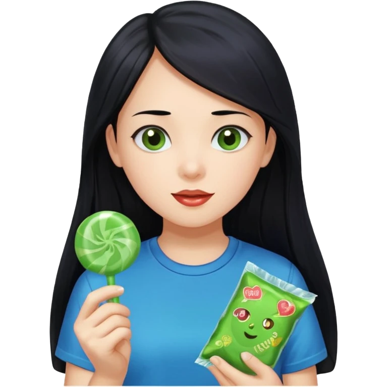 A girl with long black hair wearing a blue t-shirt holding a piece of green hard candy in one hand and a green candy wrapper showing a guava on it in the other hand emoji