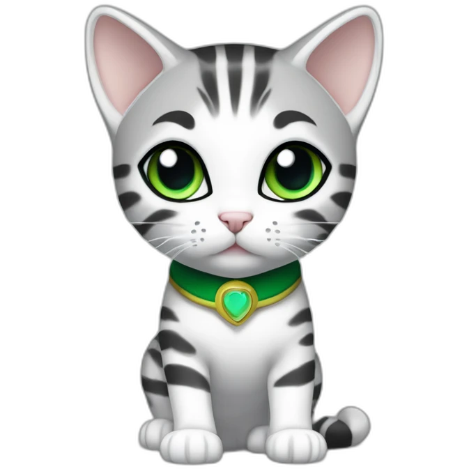 cuddly light white and grey domestic shorthair tabby with green and blue eyes black pupils, walking and playing wearing a cute costume female emoji
