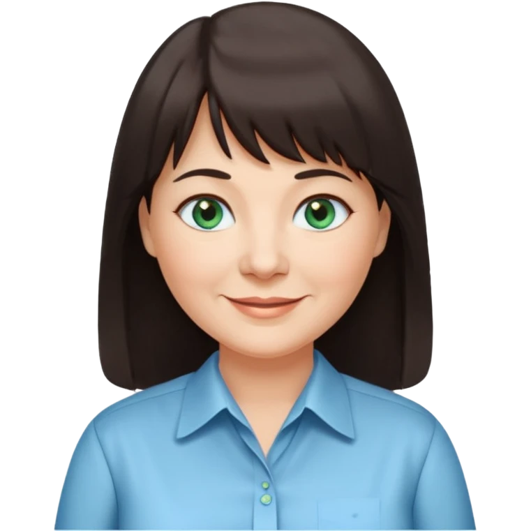 60 yr old woman, blue green eyes, long straight dark brown hair, business shirt, chubby, bangs emoji