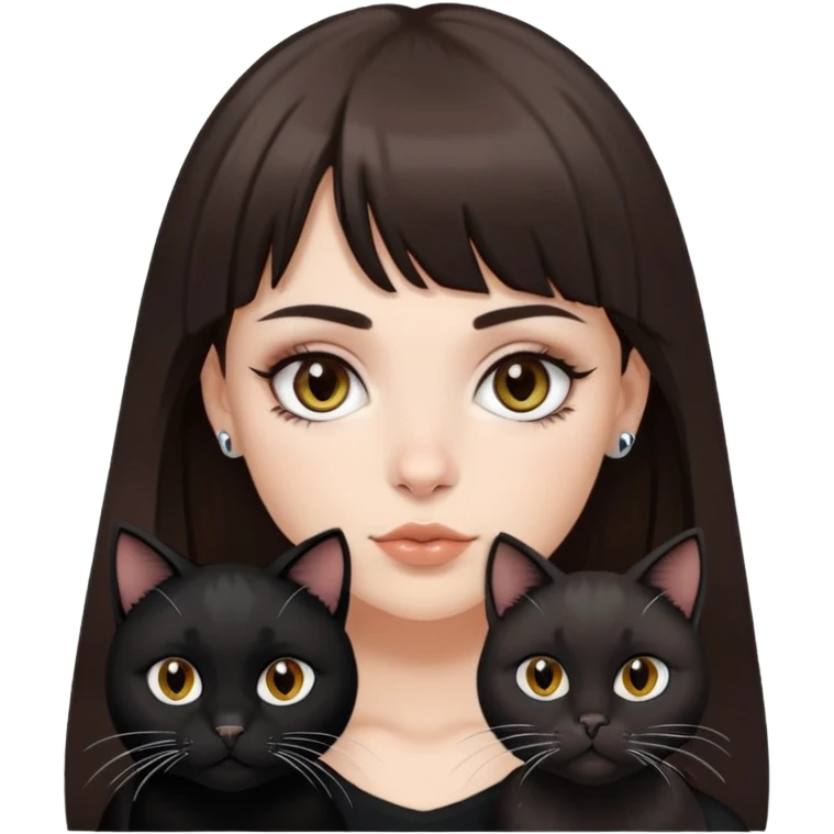  white girl with light brown eyes and very dark brown hair with bangs, a septum piercing and an eyebrow piercing, holding a black cat emoji