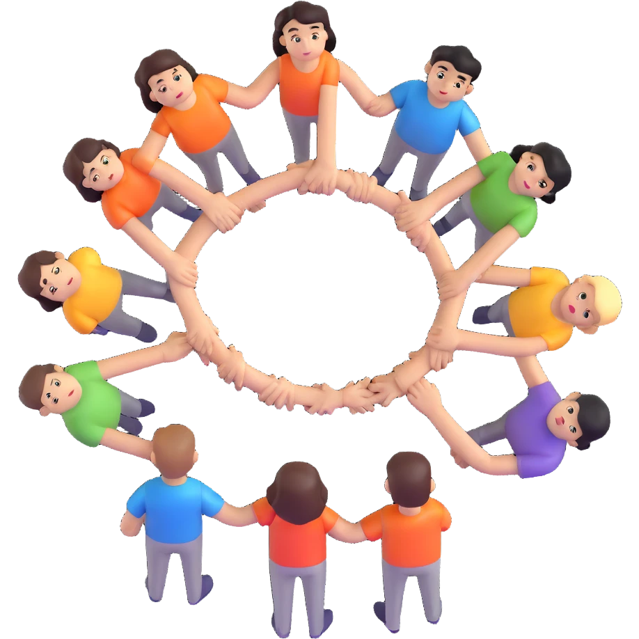 humans standing in a circle, holding hands, unity, simplified emoji