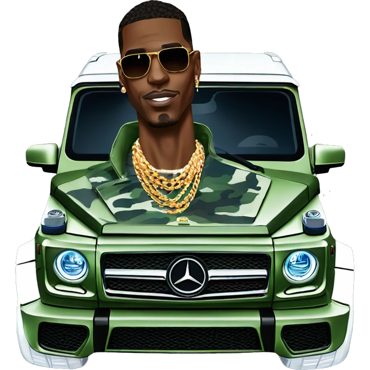 Young Dolph luxury clothes,blue diamond chain on,getting inside/not all the way in,just opened car door to his all orange and green colored,whole car painted army camouflage, Mercedes G Wagon emoji