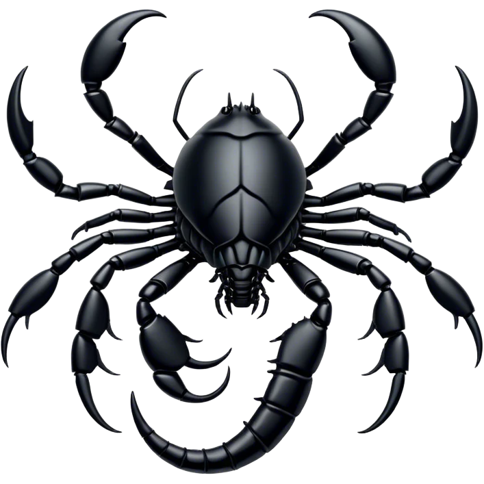 Cinematic Noble Emperor Scorpion Portrait Emoji, Poised and formidable, with a robust, armored build and a glossy, jet-black exoskeleton accented by striking, segmented pincers, deep-set piercing eyes, Simplified yet sharp and sophisticated features, highly detailed, glowing with a cool, dignified glow, high shine, intelligent and imposing, stylized with an air of ancient desert majesty, focused and attentive, soft glowing outline, capturing the essence of a watchful and commanding scorpion that feels as though it could silently creep out of the screen with effortless authority! emoji