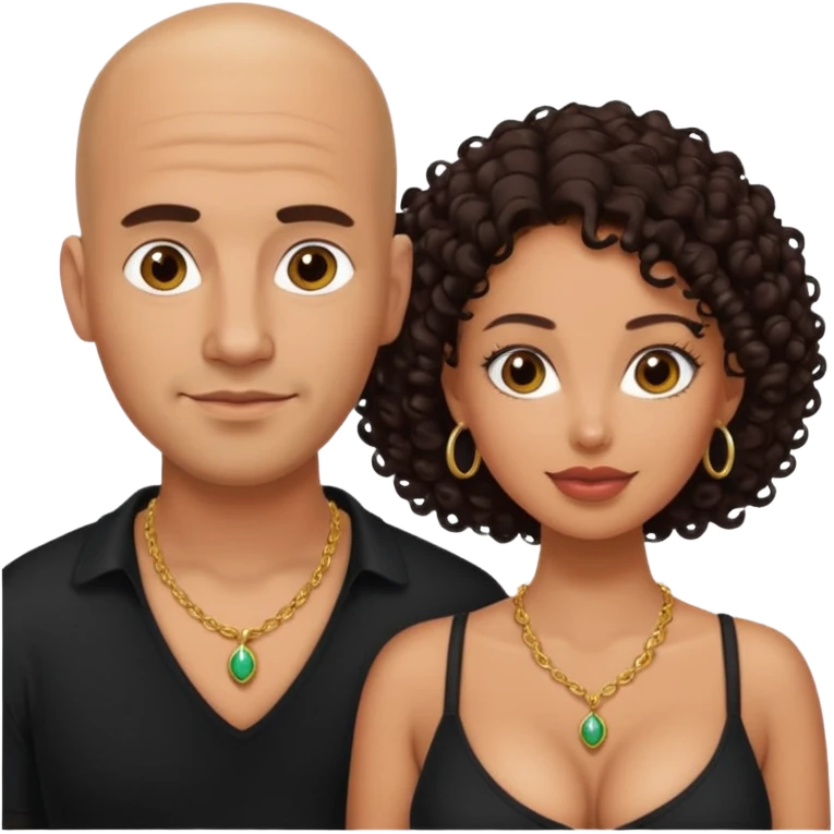 A picture of a sexy tanned couple. the guy is Mexican, with a bald hair cut and a black shirt. the girl is mixed, she has curly longer dark brown hair,  the girl has glasses only, and with big boobs. Remove the glasses of the guy emoji