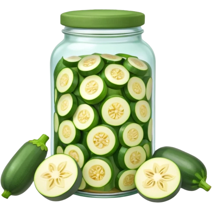 A homemade-style jar with sliced zucchini and herbs under a cloth cap.









 emoji