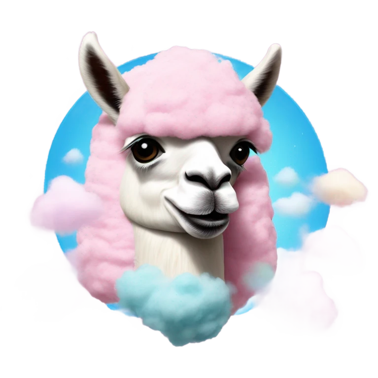 A llama in a spaceship, floating through a cloud of cotton candy emoji
