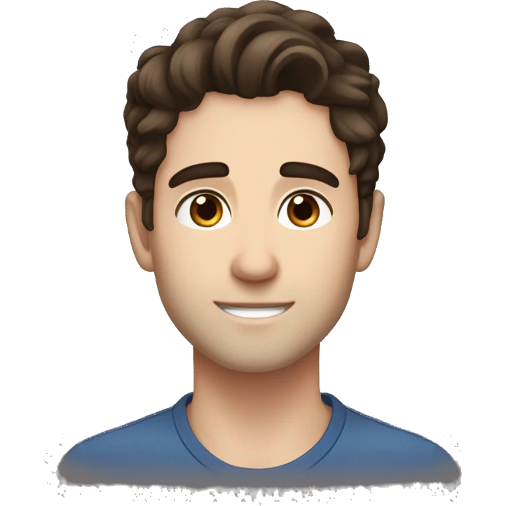 Handsome man, boyish, charming whie man, slightly curled dark brown hair, middle part, blue eyes, angled brows thing arched brows, dark bron hair, fair skin,  emoji
