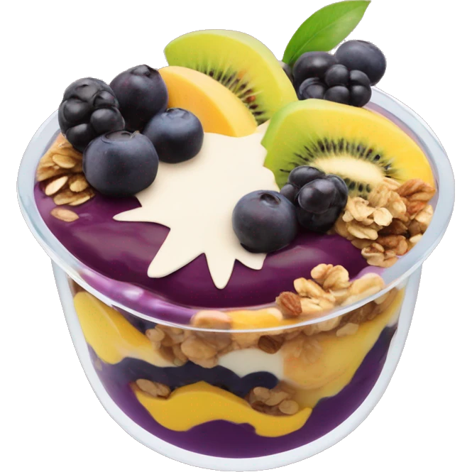 Açaí in a clear cup with layers of fruits and granola and condensed milk emoji