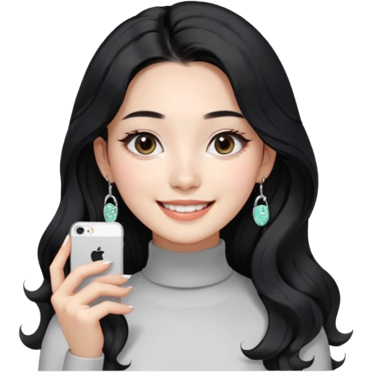Korean 24-year-old female online shopping mall seller / white face / earrings / smiling expression / long wavy hair / influencer vibe / fashionable / black hair / silver earrings / skinny white turtleneck emoji