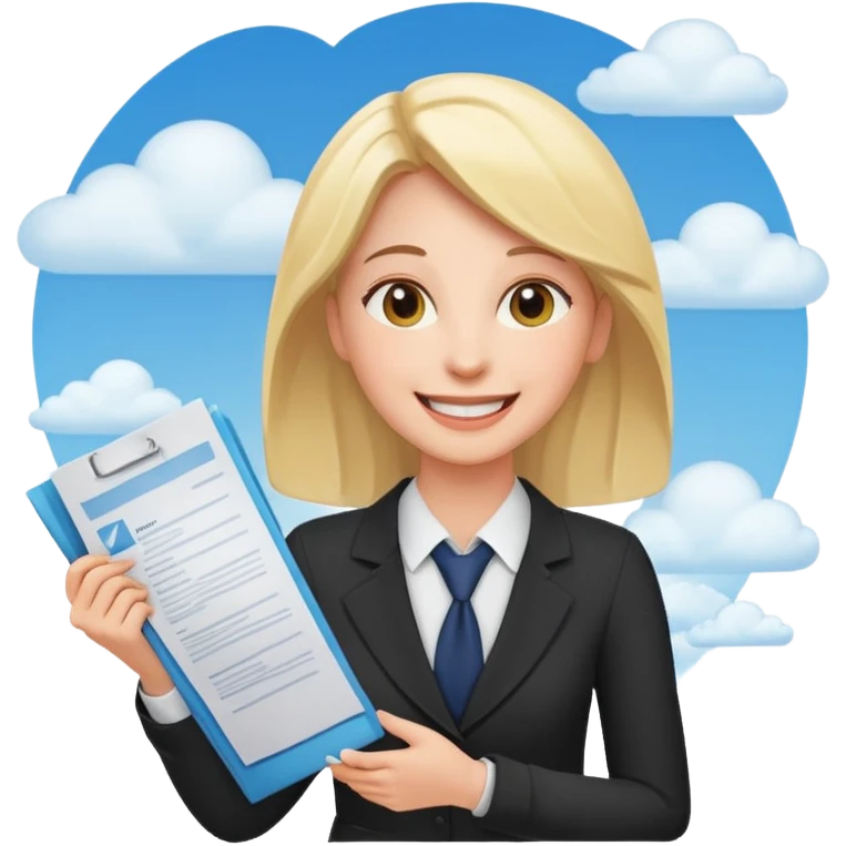 make her happy. she got accepted from her interview. now she is verry happy and confident. wearing interview clothes again. she is SMILING BIG. she is holding her cv to the sky, from happiness emoji