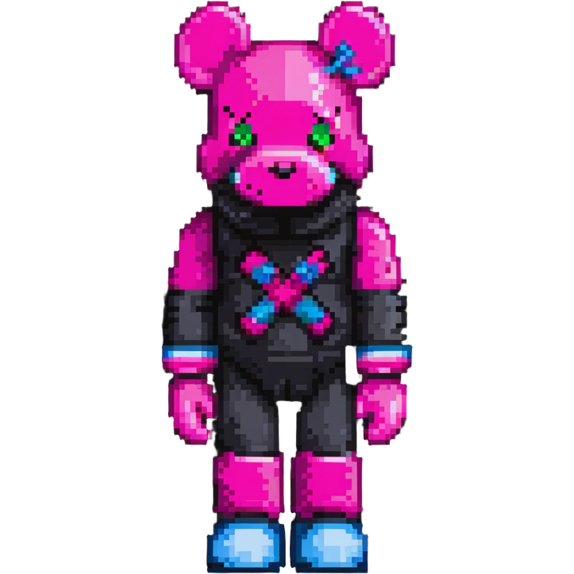 Pixel art KAWS Bearbrick figure with X eyes wearing a hot pink balaclava, blocky bear shape emoji