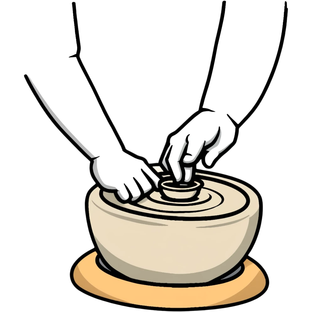 thumb pressing side of clay down onto a silver pottery wheel, thumb at the bottom of the clay, pottery gesture emoji