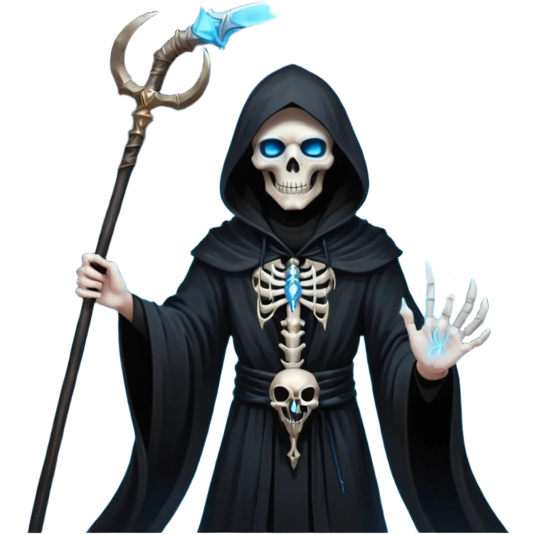 portrait of a god of death in black robes, skeletal hands, glowing blue eyes under a shadowed hood, scythe in hand, floating slightly above the ground, surrounded by spirits emoji