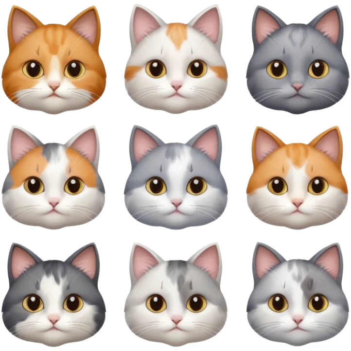 6 realistic looking cats with different natural coloured coats, assorted grey and white, greys, calico, brown and white colours etc
 emoji