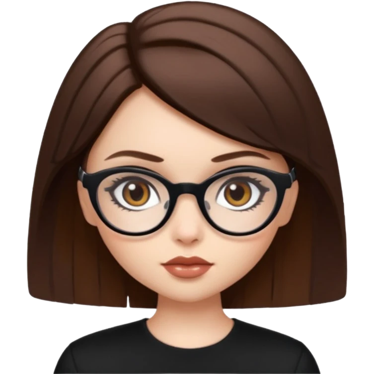 pale skin, bratz baddie, beautiful hazel brown, eyeliner, short brown hair, black glasses emoji