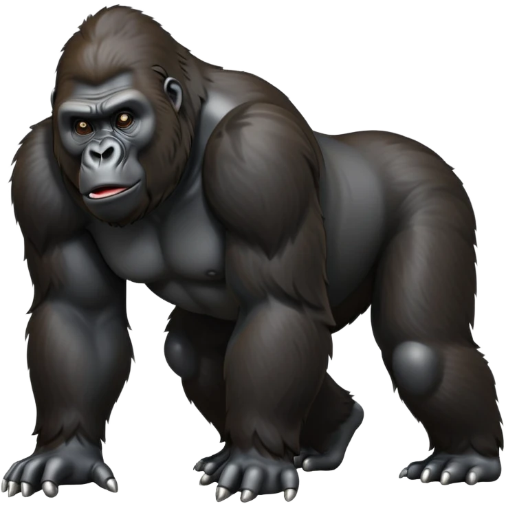 cinematic-gorilla-realistic-full-body-on all fours-emoji,-exuding-strength,-thick-dark-fur-glossy-in-the-light,-head-tilted-dramatically,-deep-dark-eyes-filled-with-intense-intelligence,-simplified-yet-realistic-focused-features,-highly-detailed,-glowing-with-an-almost-sarcastic-glow emoji