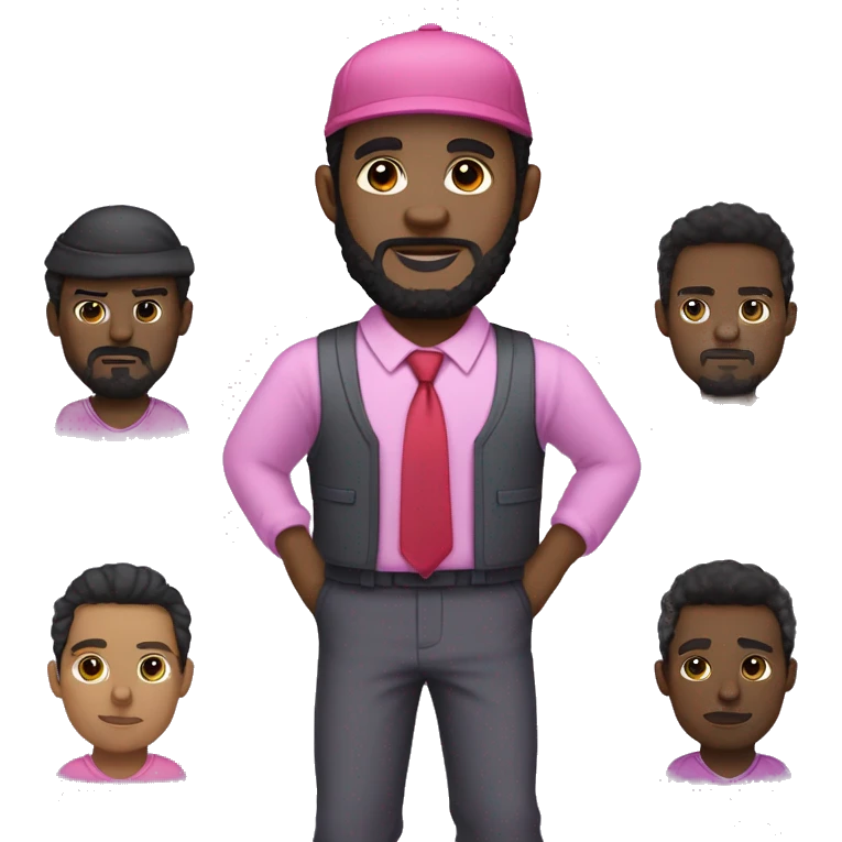 A black man with black beard and hair but no moustache, with a big butt wearing a pink long sleeve shirt with light purple sweat pants a purple vest a red tie and a red hat emoji