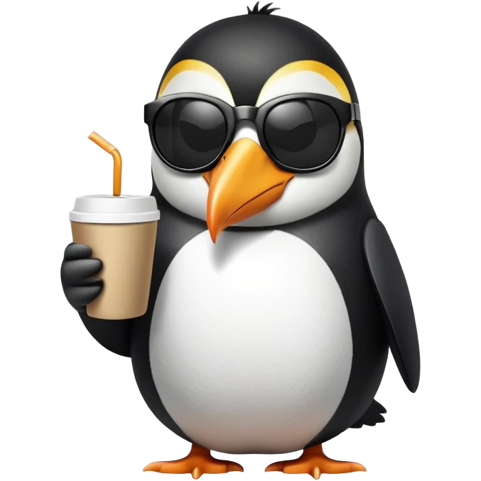 penguin with toucan beak holding a coffee cup and wearing sunglasses emoji