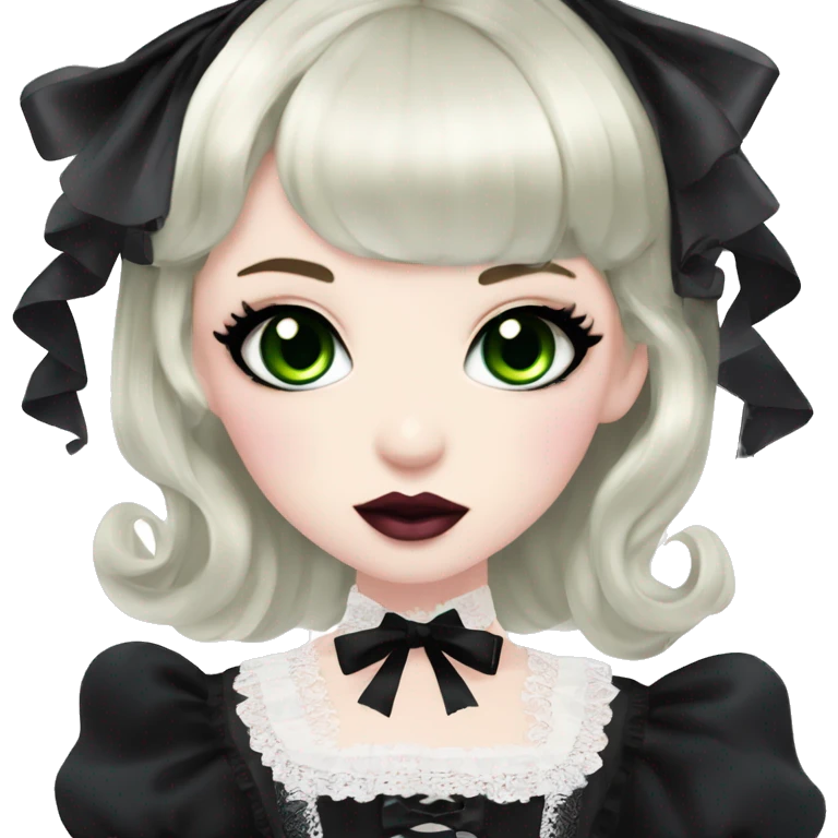 pale woman with black hair, pink lips and eyeshadow, long eyelashes, green eyes, black Lolita dress with laces and ribbons, gothic Lolita doll look emoji