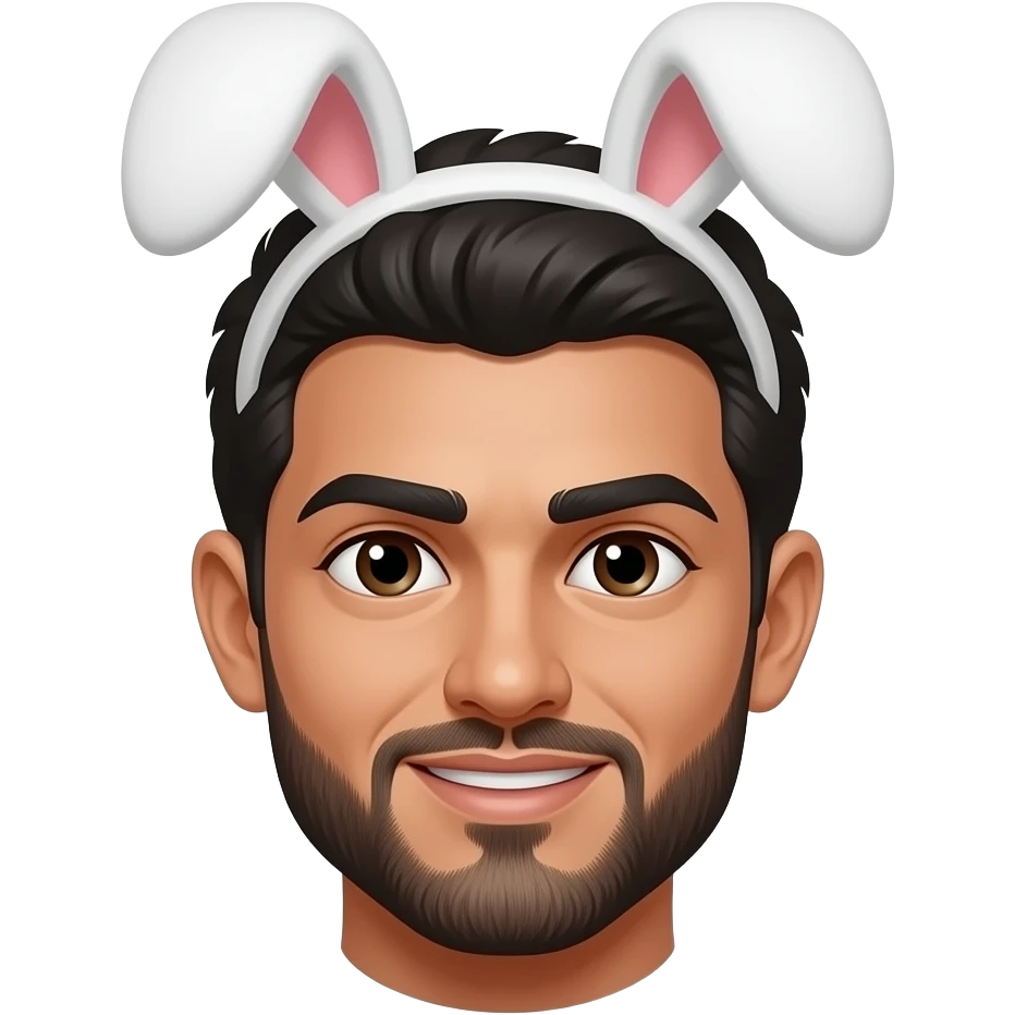 Make me an arab man with thick eyebrows and short goatee beard and eyebrow slit and hairy features with bunny ears on on top emoji