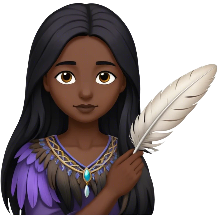 Cinematic Realistic Pocahontas Portrait, depicted with lifelike skin texture, soft natural lighting, and intricately detailed long, flowing raven-black hair that moves gracefully in the wind. Her deep, soulful dark brown eyes exude wisdom and strength, complemented by a serene yet powerful expression. She is shown gently holding a feather in one hand, her other hand resting lightly at her side, embodying the harmonious balance between nature and herself. She is dressed in her classic one-shoulder native American dress, with rich fabric textures and delicate beaded details that catch the light beautifully. The portrait features a soft, sun-kissed glow with a natural, radiant finish, capturing the essence of untamed beauty and deep connection to nature in a realistic and painterly style, evoking a sense of depth and authenticity. emoji