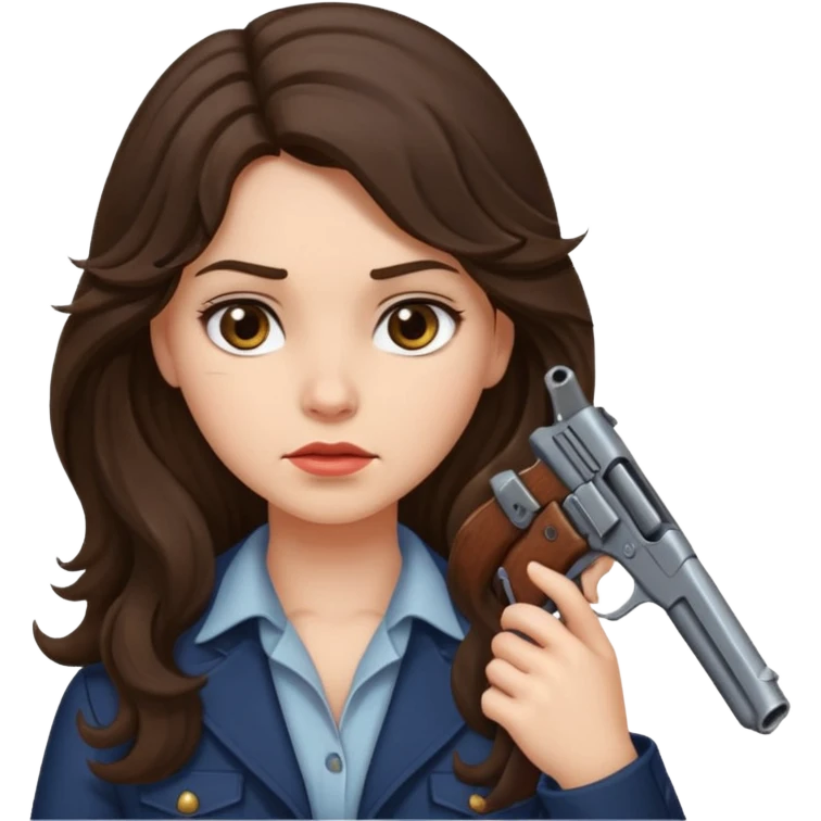 A brunette with long wavy hair girl who is about to kill herself with a littlr gun pointed at her temple emoji