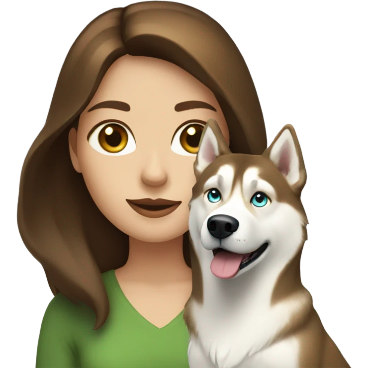 White Woman hair brown and bleus eyes and golden Husky With green eyes emoji