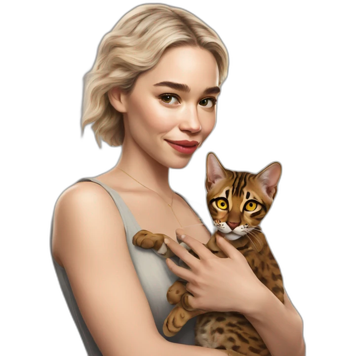 Emilia Clarke holds a Bengal cat with yellow eyes emoji