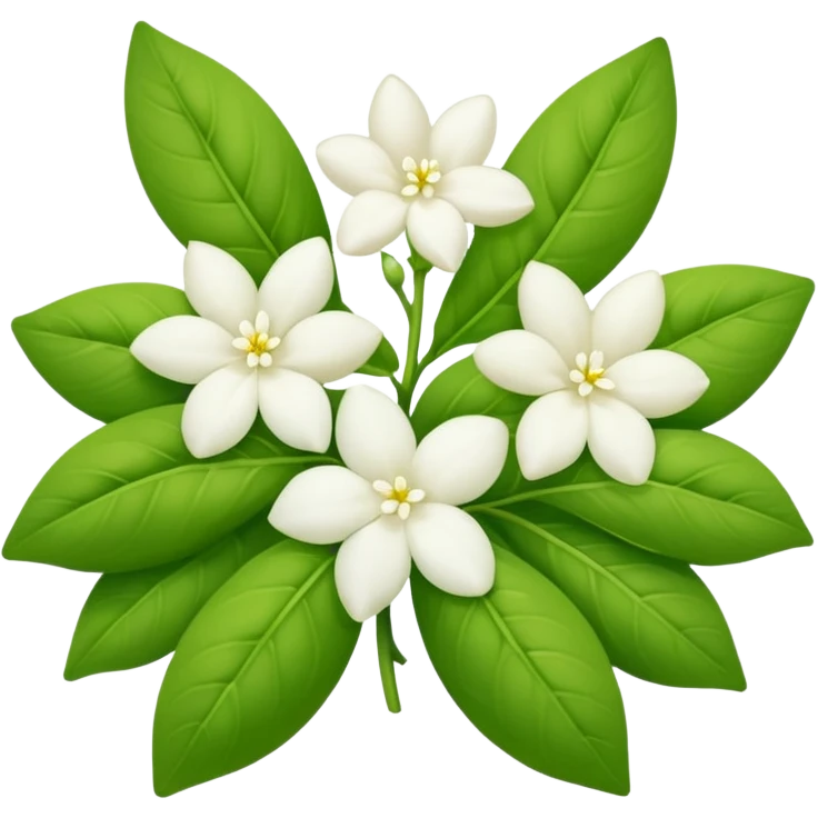 gajra with white jasmine flowers and green leaves, simple and clear, apple emoji style emoji