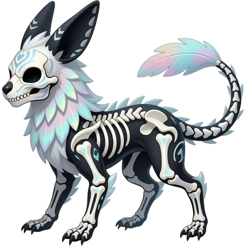 Rare realistic skeletal tribal patterned whitish pastel colorful iridescent shiny glossy feathery epic handsome gorgeous aesthetic black-skulled Vernid-Trico-Sergal-Salandit-Nargacuga-species-Fakemon-creature by LiLaiRa, 4 legs, 1 tail, random markings, (full body) long ears emoji