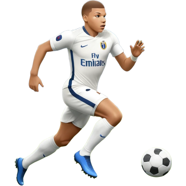 An icon showing Kylian Mbappé running with the ball on a football field during a match. The design captures his speed and focus, with dynamic motion lines and a vibrant background of the field and stadium lights. Transparent background emphasizes the action. emoji