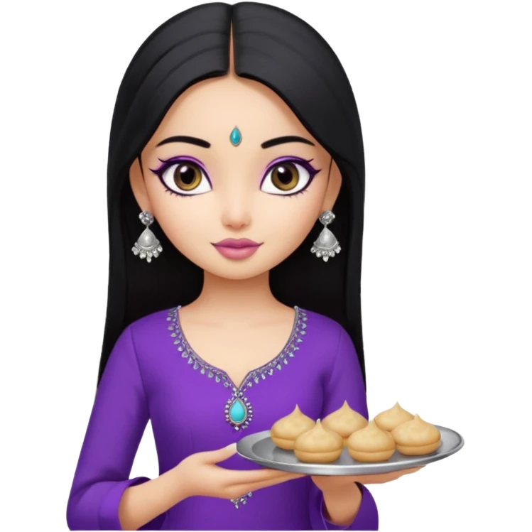 a pretty bratz girl with straight black hair, wearing a purple kurti, silver jhumkas, eyeliner, carrying a plate of momos emoji
