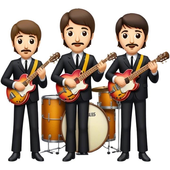 Cinematic Realistic The Beatles Group Emoji, depicted as an iconic band of four exuding playful charisma and musical genius with retro instruments and vibrant expressions, rendered with rich textures and nostalgic dynamic lighting that captures their legendary impact on pop culture. emoji