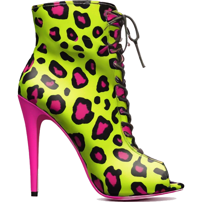 Realistic isolated top view of a pair of hot pink with lime green leopard spots peep toe high heel ankle bootie boots. emoji