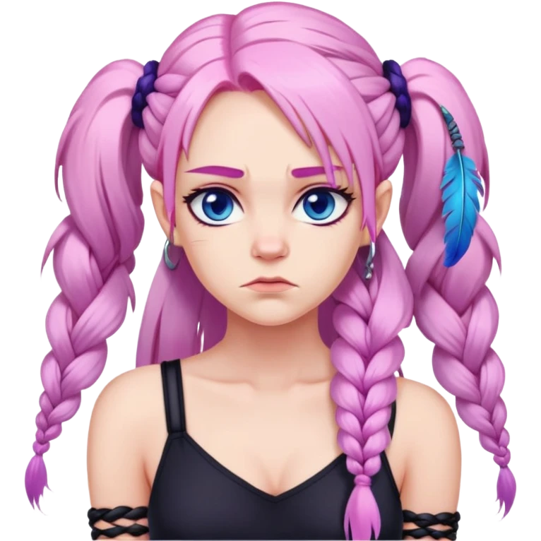 Long-pale-pastel-pink-hair with one braid on each side, grumpy expression, purple-pink feather-ear-cuffs in hair, black bodysuit, blue eyes, pink iris emoji