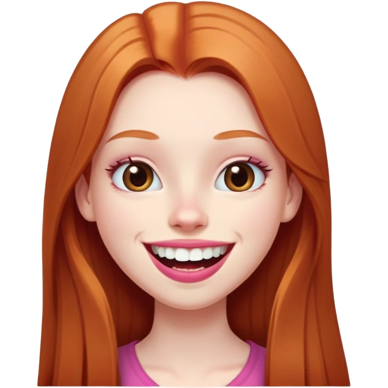 Young girl with pale skin, very long face, full pink lips smiling with big teeth, very long straight auburn hair (lighter ginger, not intense red), big brown eyes, big nose, big mouth emoji