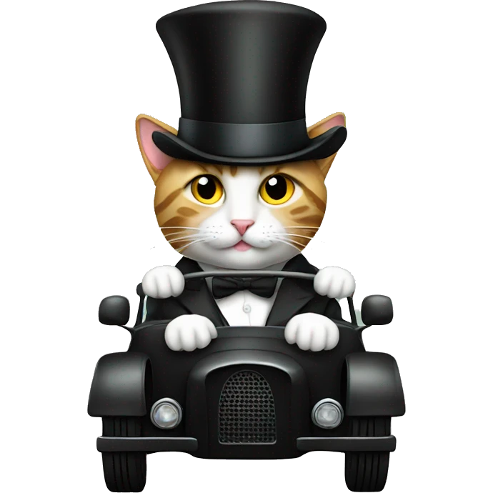 Cat driving a car with a top hat hoodie emoji