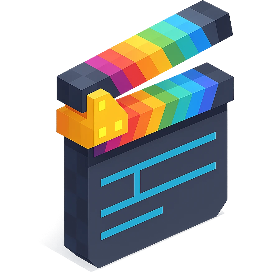 voxel style movie clapperboard with rainbow stripes, isometric view emoji