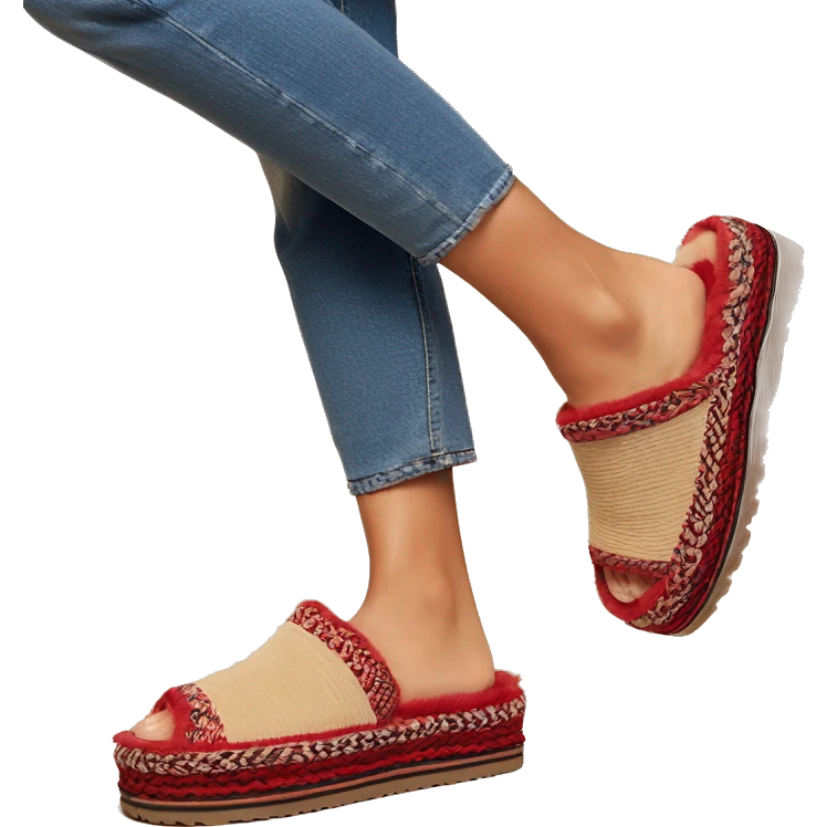 Camel color chunky platform slip-on mule UGG slippers. thin red woven zig-zag trim line detail on the cuffing emoji