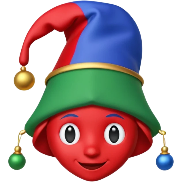 A 3D cartoon jester hat in red, blue, and green with bells, simple light background, Memoji-style rendering. emoji