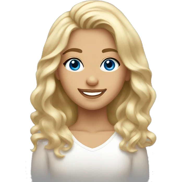 tan blond girl smiling, blue eyes, long eyelashes, wavy haircut  emoji